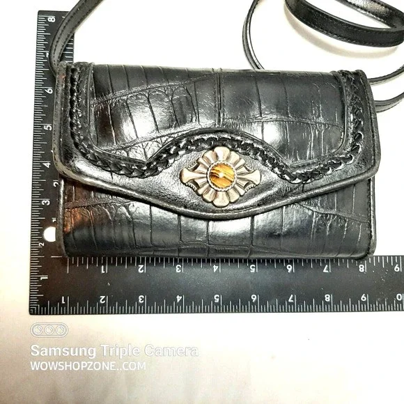 Bueno Black Crossbody Wallet Purse Shoulder Bag Tigers Eye Embossed Gator Croc - Picture 5 of 12